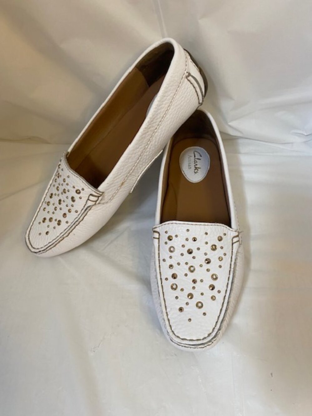 Clarks White Leather Studded Driving Moccasins